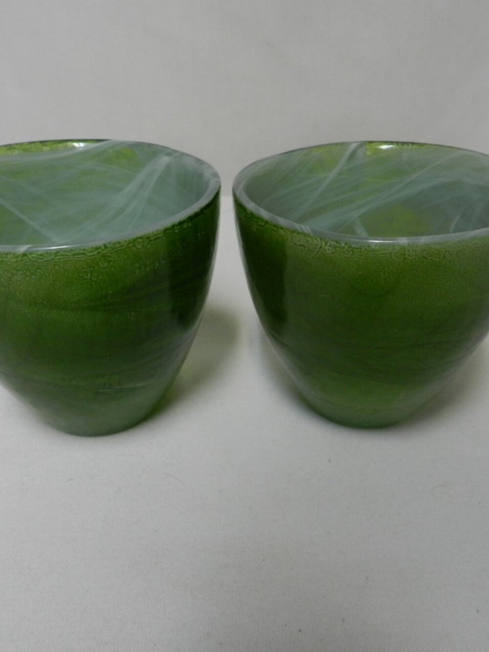 Vintage Spanish hand blown Art Glass Bowl Set 2 green white swirl Vase 3.5 x 3.5